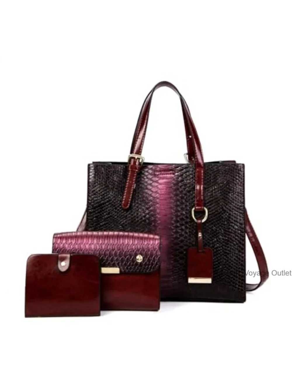 Faux Leather Crocodile Satchel Handbag Tote 3 Pc Set with Wallet